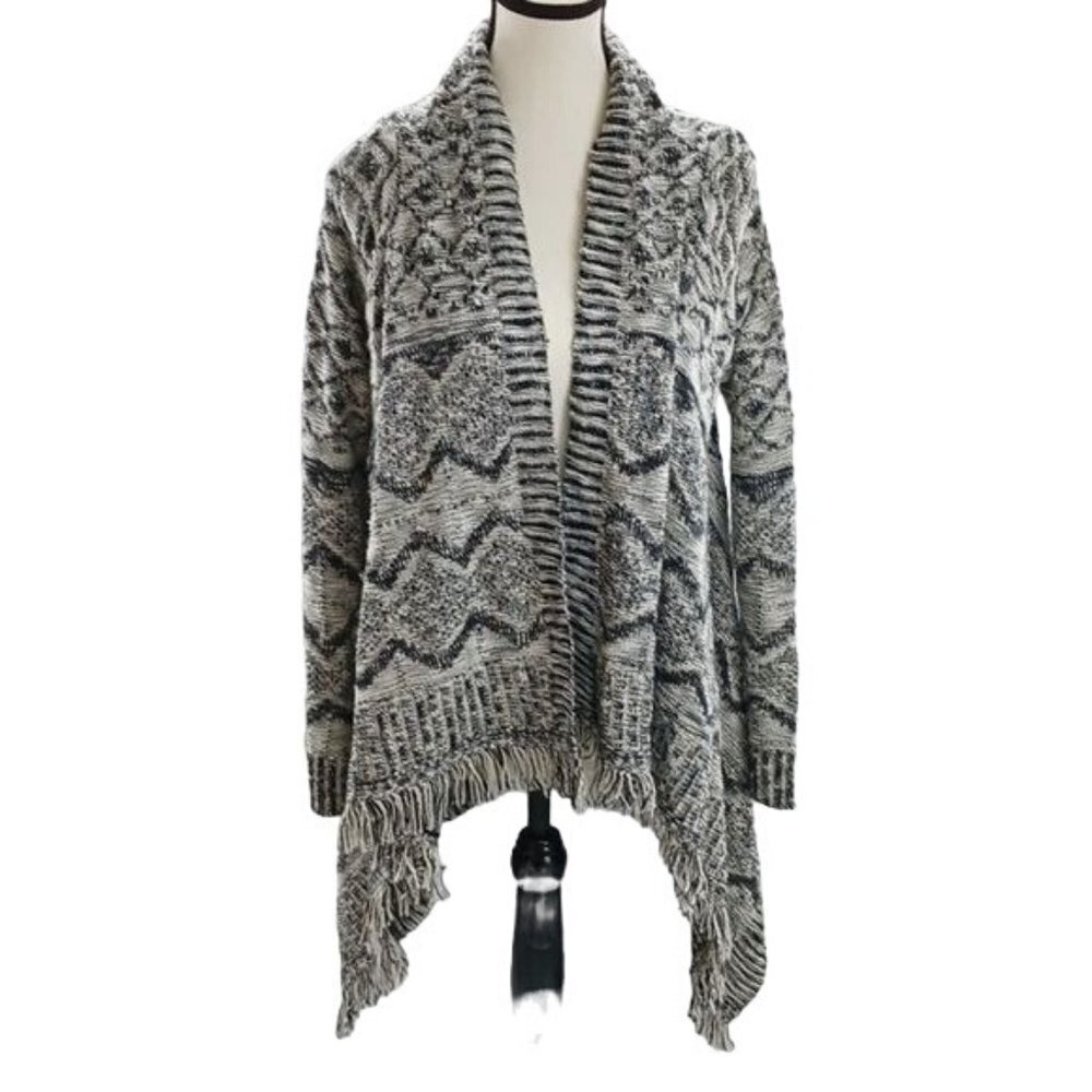 Romeo and Juliet Couture Cardigan Womens M Gray Black Knit Open Front Fringe